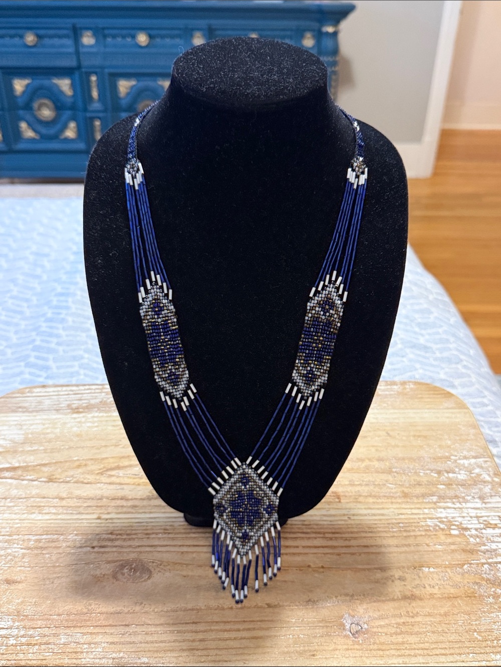 Vintage Native American Style Blue Seed Beaded Floral Pendant Statement Necklace
